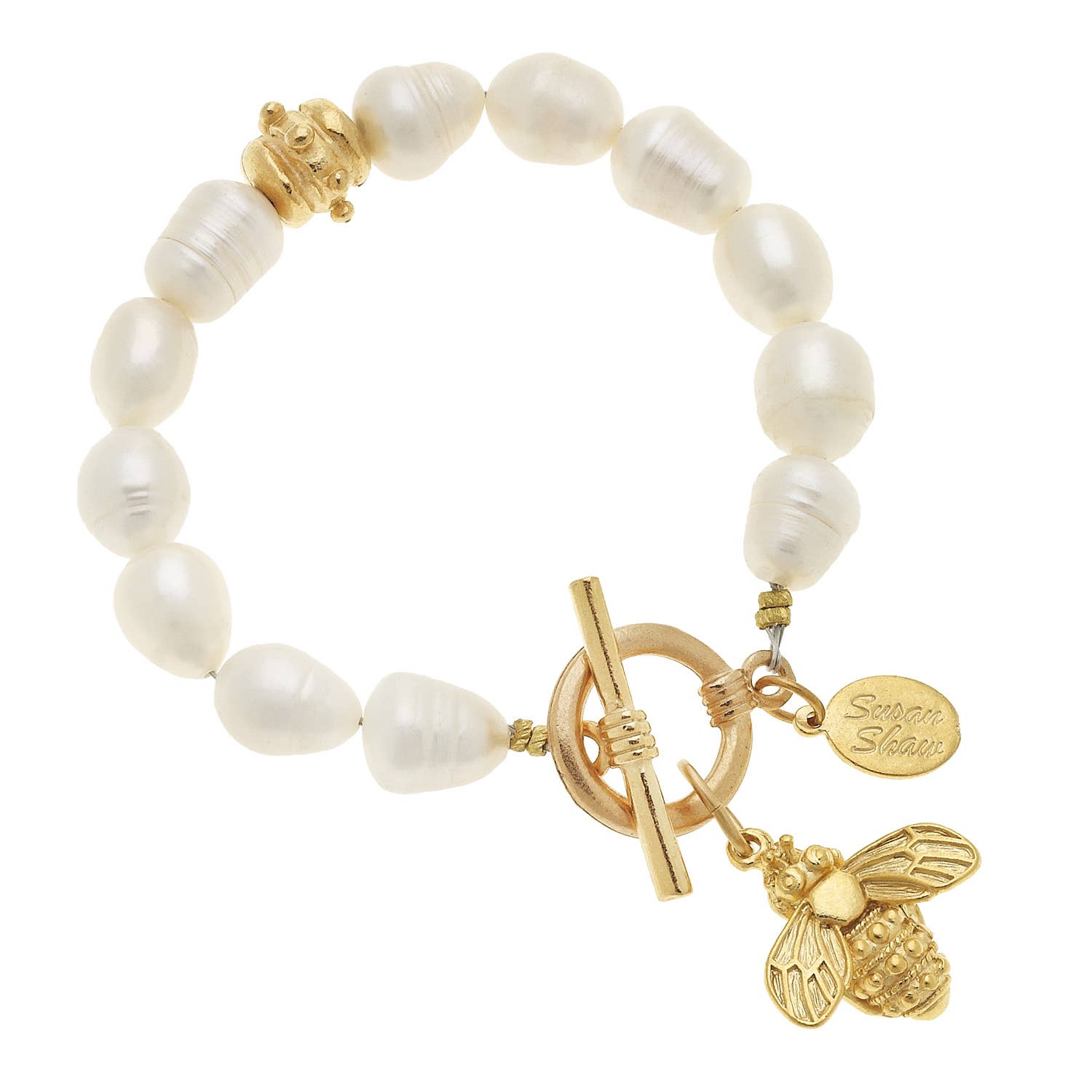 Susan Shaw - Gold Bee on Genuine Freshwater Pearl Bracelet