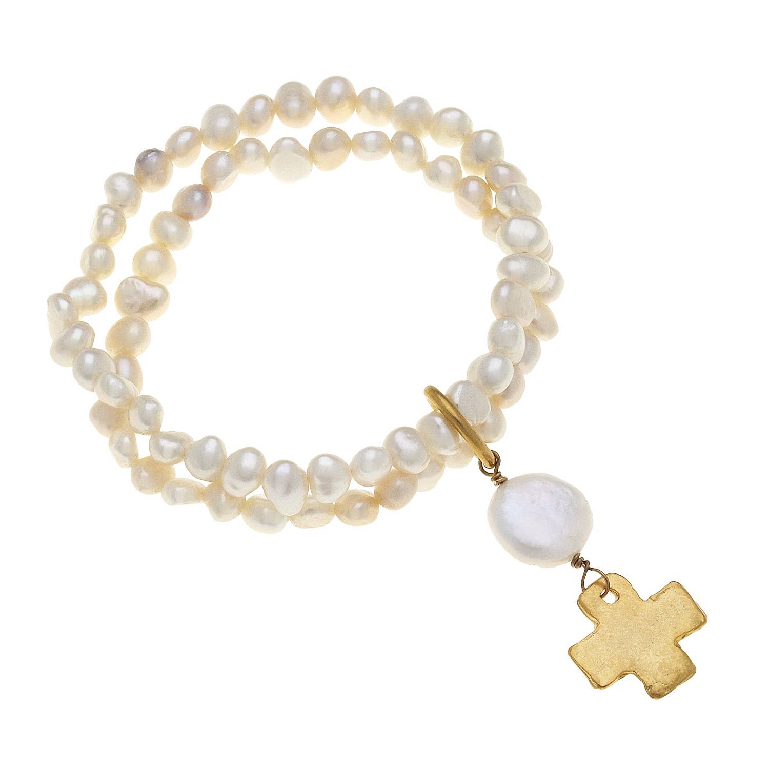 Susan Shaw - Gold Cross on Double Freshwater Pearl Stretch Bracelet