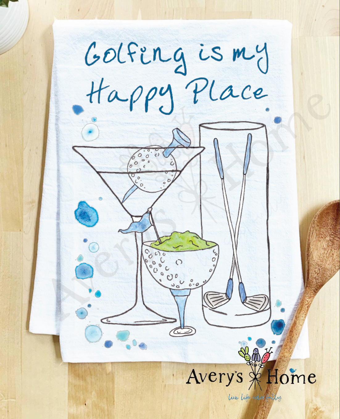Avery's Home - Golfing Happy Place Cocktails Customizable Kitchen Towel: Standard